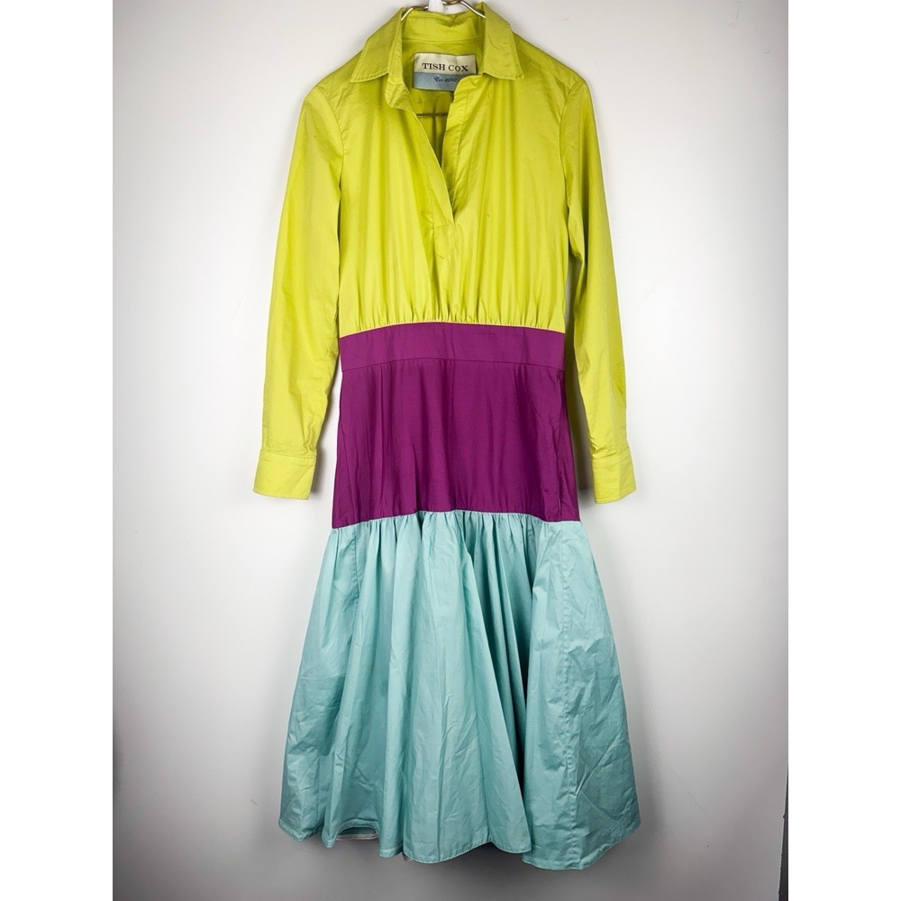 Tish Cox Dress XS Womens Cotton Colorblock Tiered Maxi Long Sleeve Lime Purple